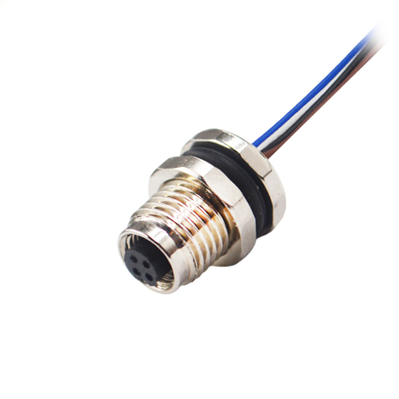 M5 4pins A code female straight front panel mount connector,unshielded,single wires,26AWG 0.14mm²,brass with nickel plated shell